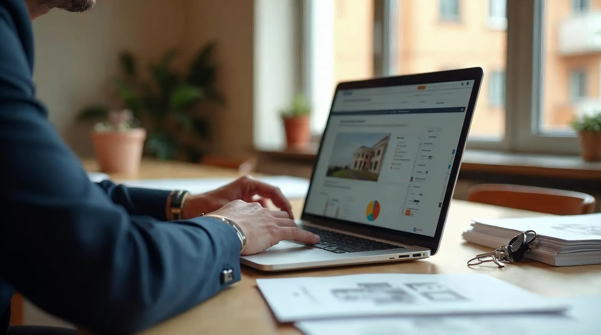 Immobilienmaklerin in einem ruhigen, hochwertigen Büro in Norddeutschland prüft auf einem Laptop eine Objektübersicht, daneben ein Stapel Unterlagen, ein Schlüsselbund und ein Grundriss als Beispiel für KI in der Immobilien- und Verwaltungsbranche