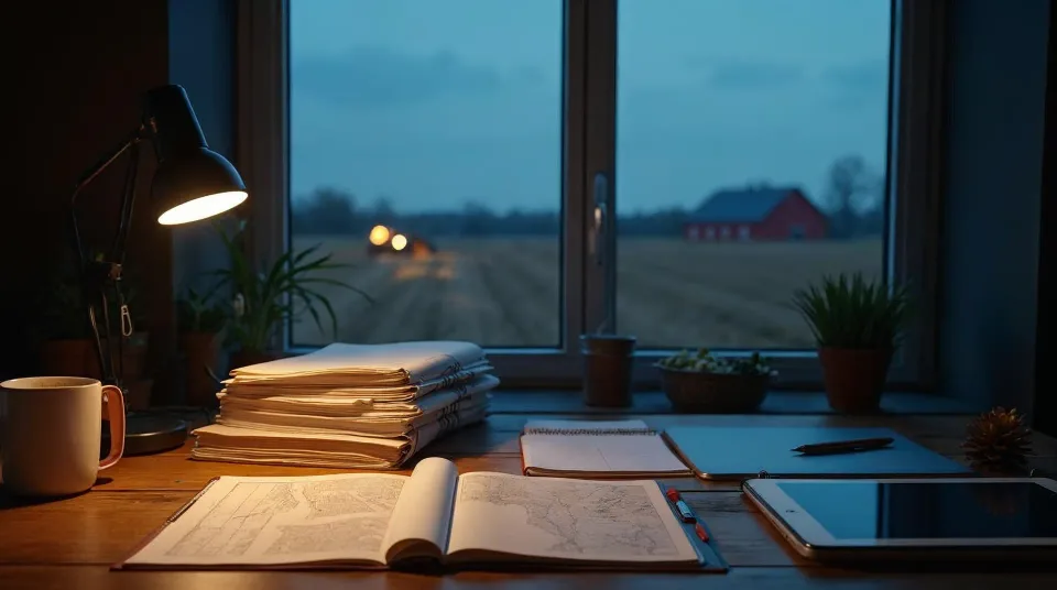 Büro eines Agrarbetriebs in Mecklenburg-Vorpommern zur blauen Stunde: Ordner, Lieferscheine mit Terracotta-Klammer, Schlagkarte und Tablet auf dem Eichenschreibtisch, durch das Fenster weite Felder und in der Ferne ein Traktor