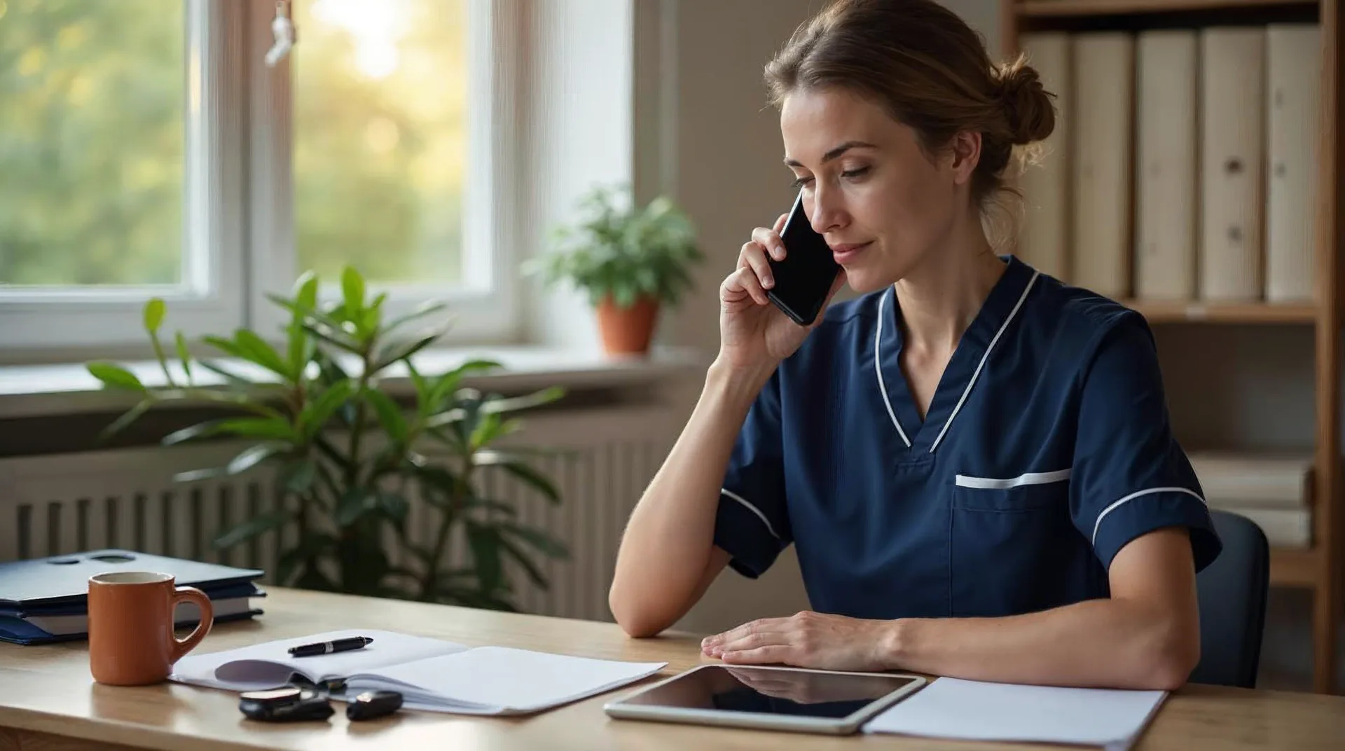 Pflegefachkraft eines ambulanten Pflegedienstes sitzt in einem ruhigen Büro in Norddeutschland am Schreibtisch und diktiert eine Notiz ins Smartphone, daneben eine geschlossene Dokumentationsmappe, Autoschlüssel und ein Tablet als Beispiel für KI in der Pflege