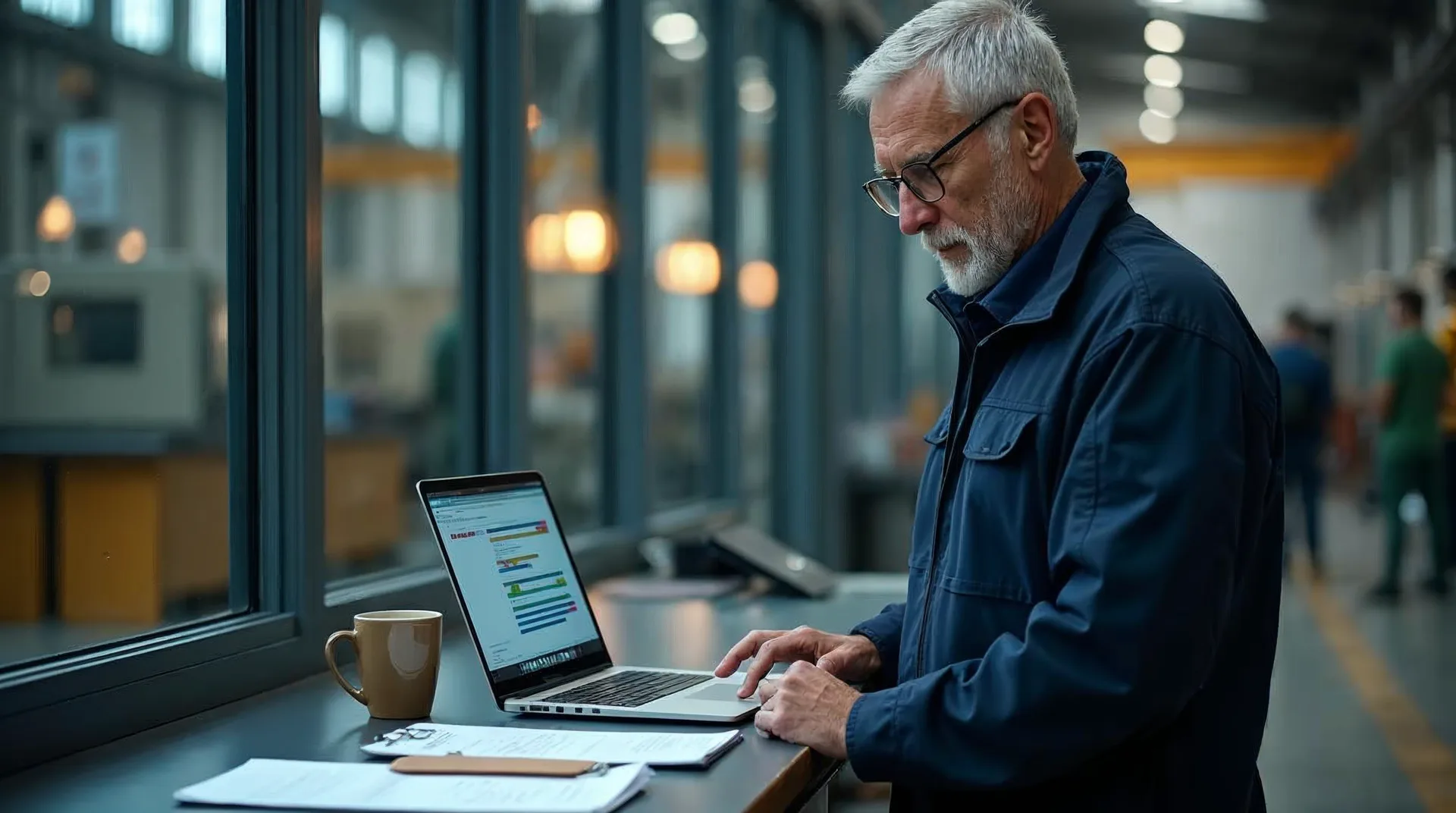 Fertigungsleiter in einem verglasten Hallenbüro eines norddeutschen Metallbetriebs prüft am Laptop eine Auswertung, daneben eine Mappe, ein Klemmbrett und ein umgedrehter Papierstapel, dahinter unscharf die Produktionshalle als Beispiel für KI in der Produktion