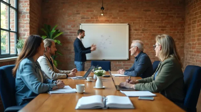 Inhaber eines mittelständischen Produktionsbetriebs und eine Teamleiterin besprechen am Eichenstehtisch über einer Backstein-Werkhalle einen Ablauf am Laptop – Sinnbild dafür, dass der Mittelstand bei KI in der Anwendung im eigenen Prozess gewinnt