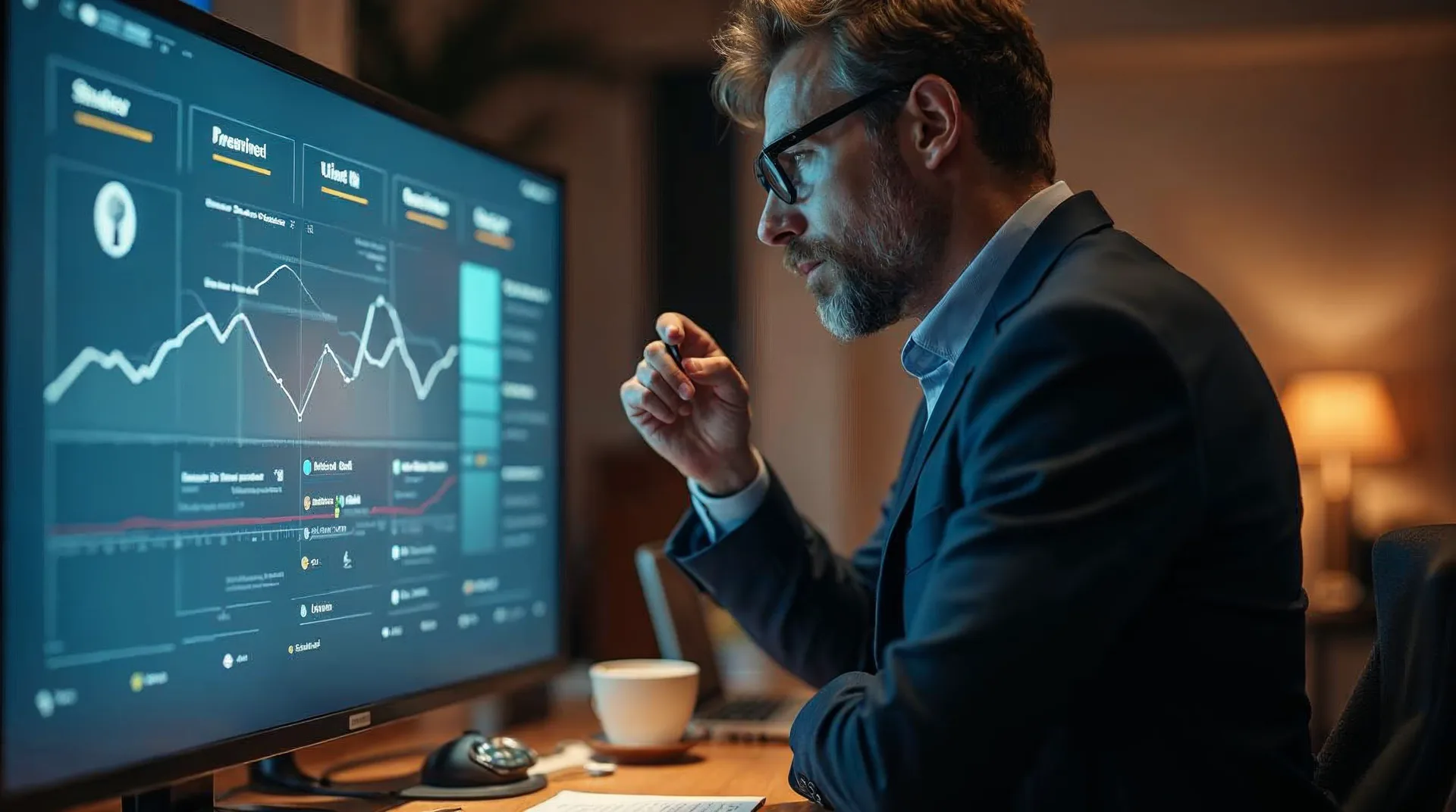 Unternehmer und Vertriebsstratege betrachtet an einem modernen Schreibtisch einen Bildschirm mit einem Website-Vertriebstrichter vom Besucher zum qualifizierten Lead