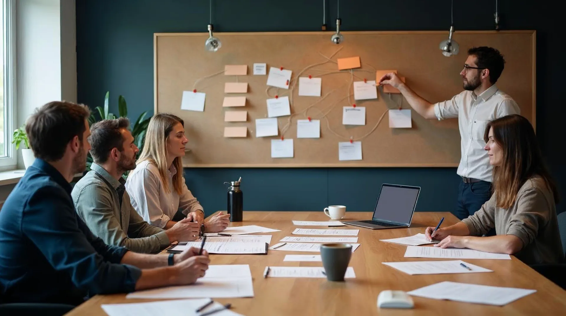 Team eines mittelständischen Unternehmens arbeitet in einem warmen Besprechungsraum an einem Holztisch mit ausgedruckten Abläufen und Papierformularen, an der Pinnwand werden Karten mit Terracotta-Fäden zu einem Prozess verbunden – ein KI-Workshop mit echten Abläufen statt Tool-Vorführung