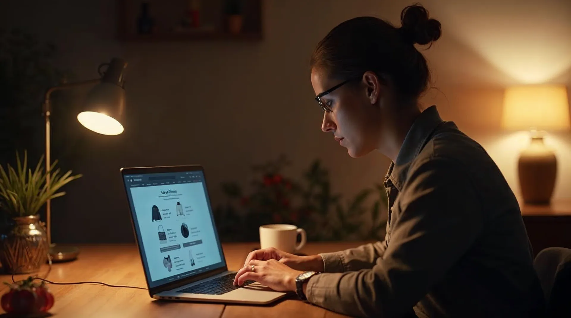 Unternehmer am warmen Holzschreibtisch prüft am Laptop einen Online-Shop-Checkout mit mehreren Zahlungsoptionen nebeneinander – Sinnbild für die neuen Regeln bei Klarna, Ratenkauf und Zahlungsaufschub