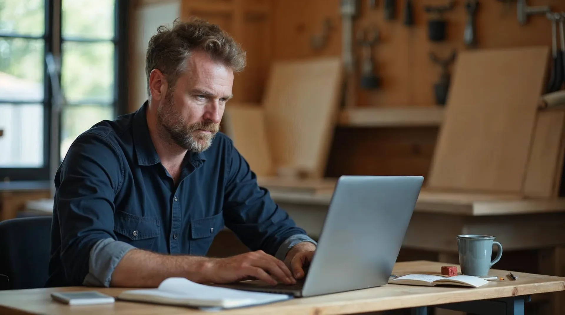 Inhaber einer kleinen Tischlerei sitzt entspannt am Holzschreibtisch seines Werkstattbüros vor dem Laptop, daneben ein geordneter Belegstapel mit Terracotta-Klammer und ein Kaffeebecher, dahinter durch eine Glasscheibe unscharf die helle Werkstatt – Sinnbild für einen kleinen Betrieb, in dem KI-Mitarbeiter die Büroarbeit vorbereiten