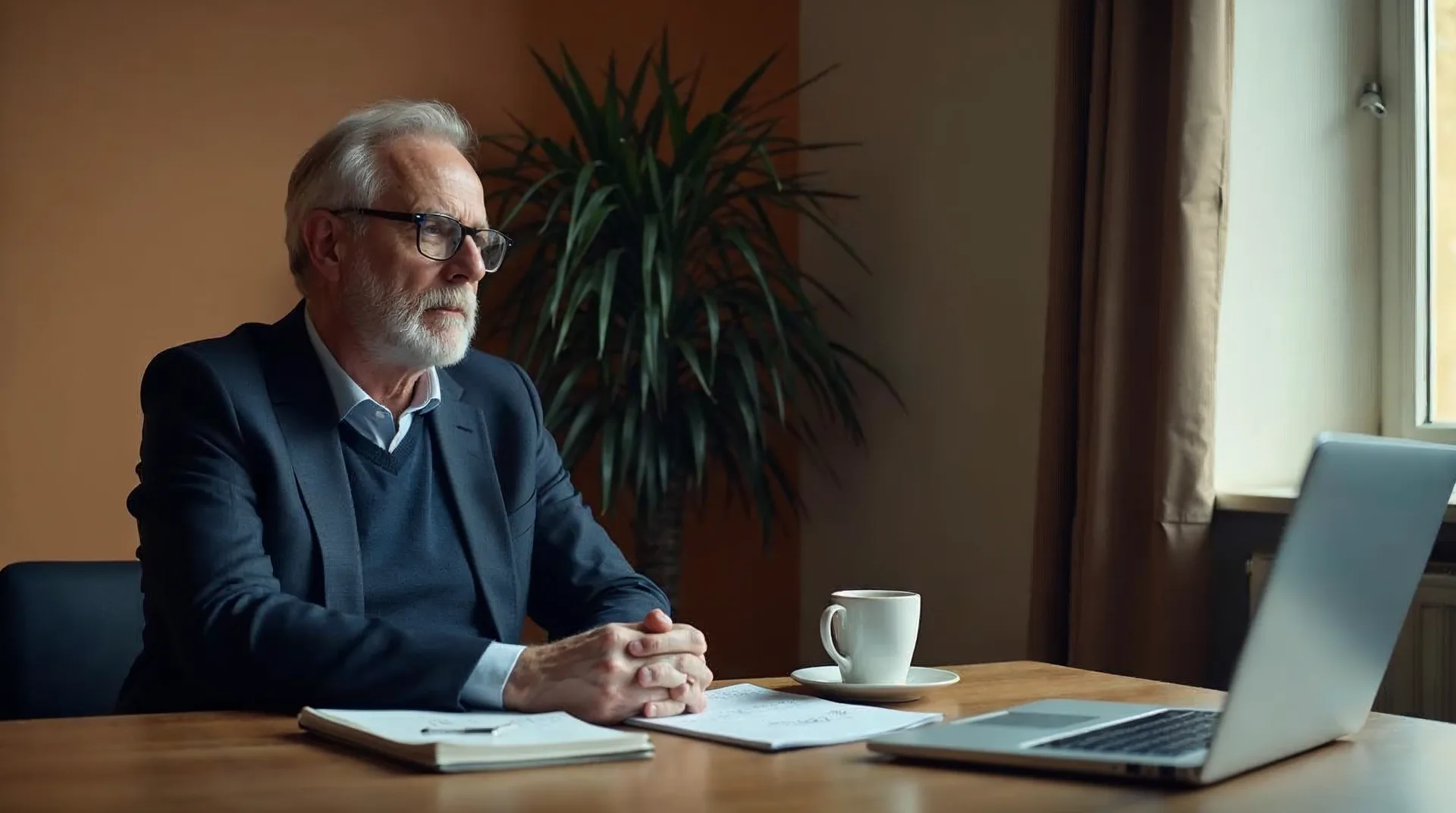 Nachdenklicher Unternehmer sitzt am Besprechungstisch im warmen Morgenlicht mit Notizbuch und Laptop und wird sich bewusst, dass beim Thema KI Zeit vergeht