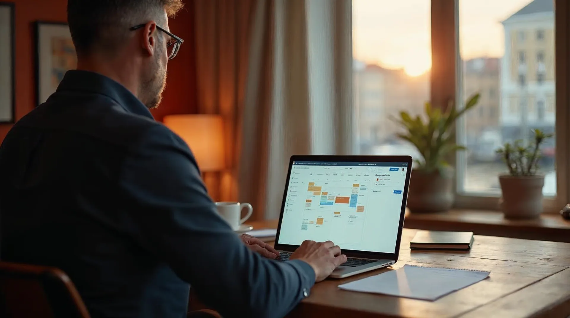 Unternehmer prüft am frühen Morgen an einem warmen Holzschreibtisch eine ruhige Content-Übersicht und einen Redaktionsplan auf dem Laptop – Sinnbild für regelmäßige LinkedIn-Sichtbarkeit ohne täglichen Aufwand