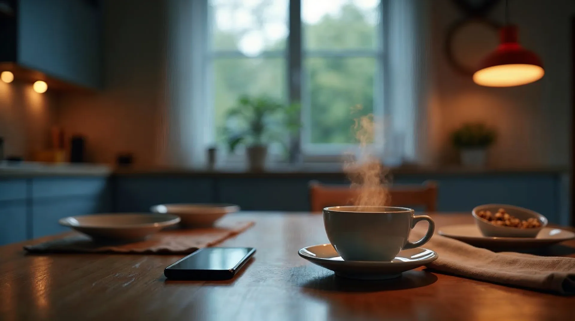 Früher Montagmorgen in einer modernen Familienküche: Kaffeetasse und Smartphone mit leerem Bildschirm auf dem Esstisch im ersten Tageslicht, dahinter unscharf die Kücheninsel mit warmer Lampe