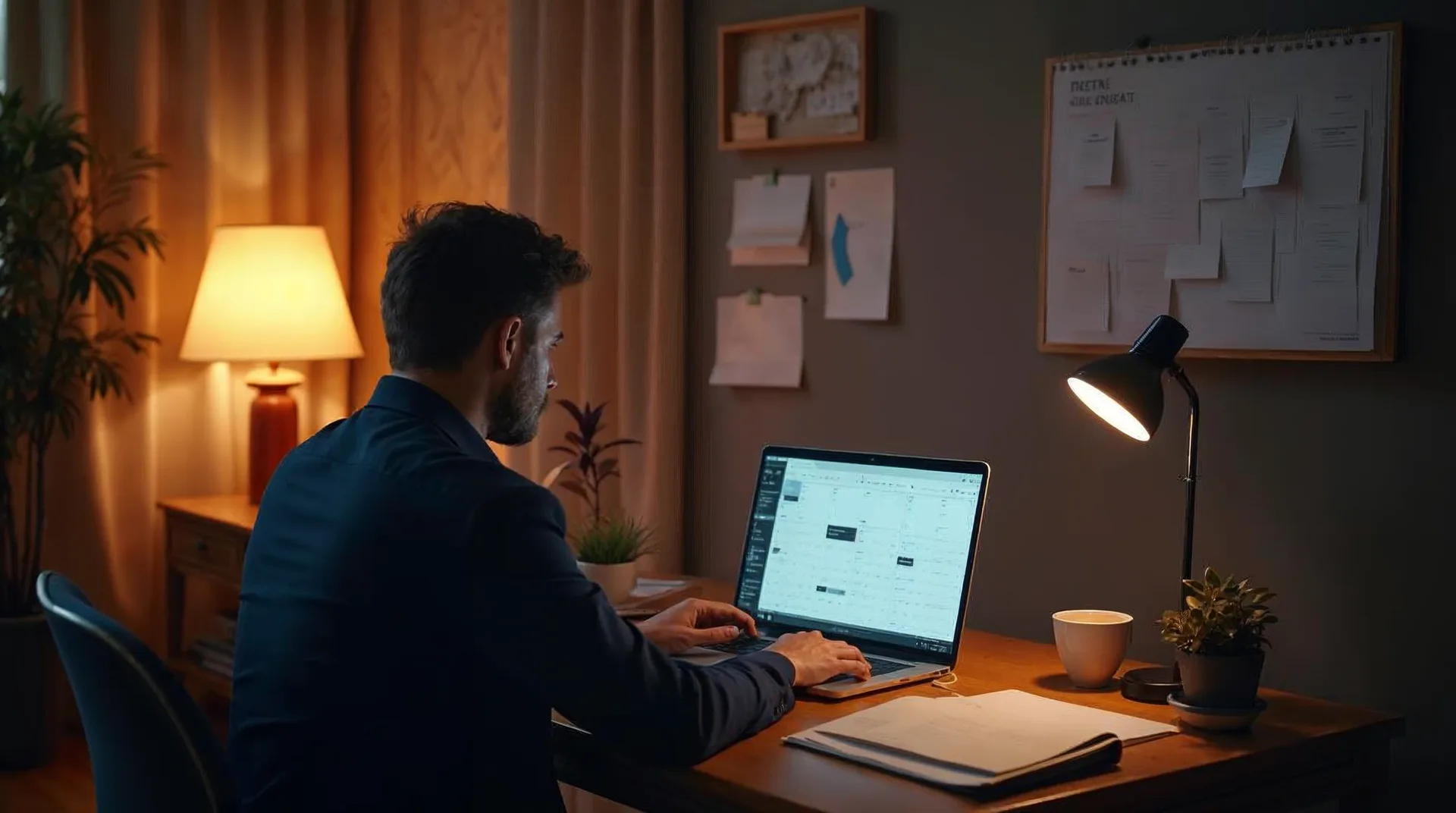 Unternehmer verfolgt in einem warm beleuchteten Büro an einem Holzschreibtisch ein Online-Webinar am Laptop, daneben ein Kalender mit markierter Frist – Sinnbild für das Zeitfenster der KI-Förderung
