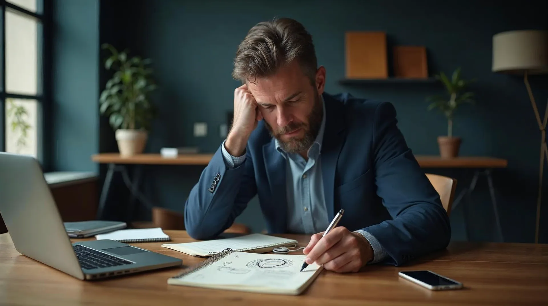 Nachdenklicher Unternehmer am Schreibtisch blickt auf eine handschriftliche Notiz mit dem eigentlichen Problem, Laptop und Smartphone liegen beiseitegeschoben