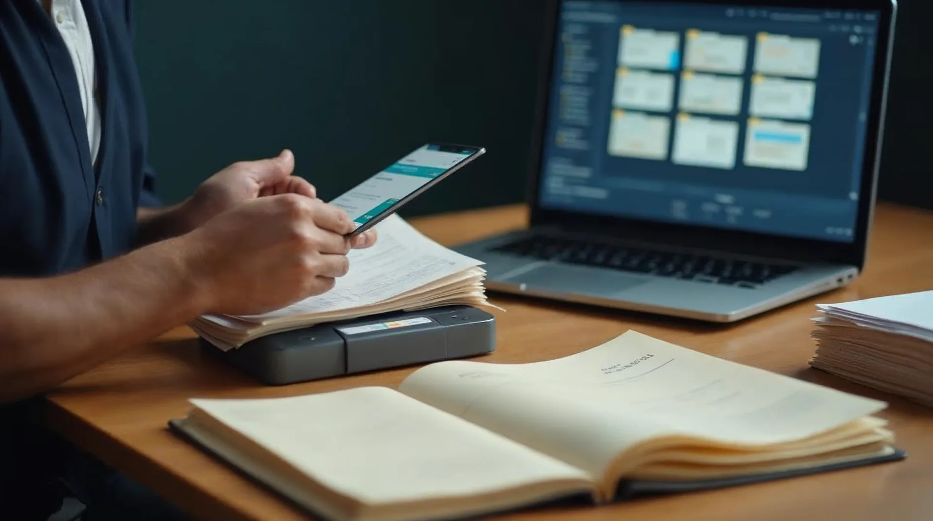 Unternehmer am Schreibtisch digitalisiert einen Stapel Papierbelege mit Scanner und Laptop, auf dem ein aufgeräumtes digitales Dokumentenarchiv zu sehen ist