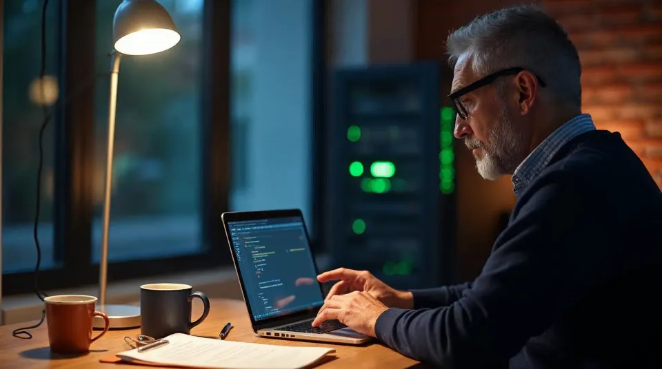 Web-Administrator prüft am Abend in einem ruhigen Agenturbüro am Laptop den Update-Stand, daneben eine Checkliste mit Terracotta-Klammer, dahinter unscharf ein Serverschrank – Sinnbild für das PHP-Sicherheitsupdate im Oktober 2026