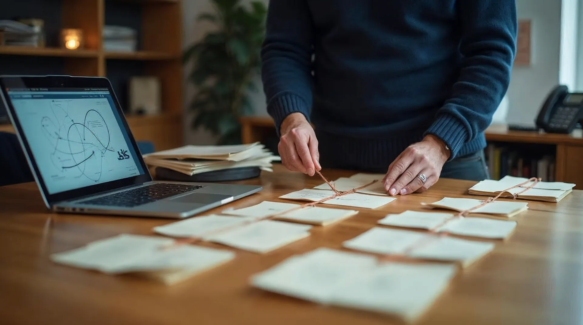 Geschäftsführer ordnet an einem Holztisch Karteikarten, die mit Terracotta-Fäden verbunden sind, zu einem Ablauf von links nach rechts – links ungeordnet, rechts sauber aufgereiht, daneben ein Laptop und ein Ablagekorb mit Rechnungen – Sinnbild für Prozessautomatisierung im Mittelstand