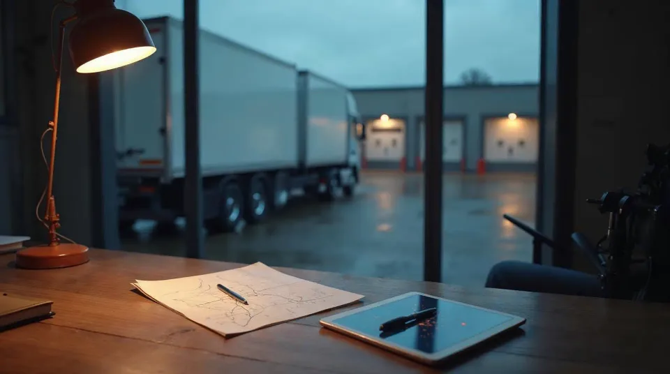 Dispositionsbüro eines norddeutschen Logistikbetriebs zur blauen Stunde: Lieferscheine mit Terracotta-Klammer und ein Tablet mit abstrakter Tourenkarte, dahinter unscharf Lkw an den Laderampen
