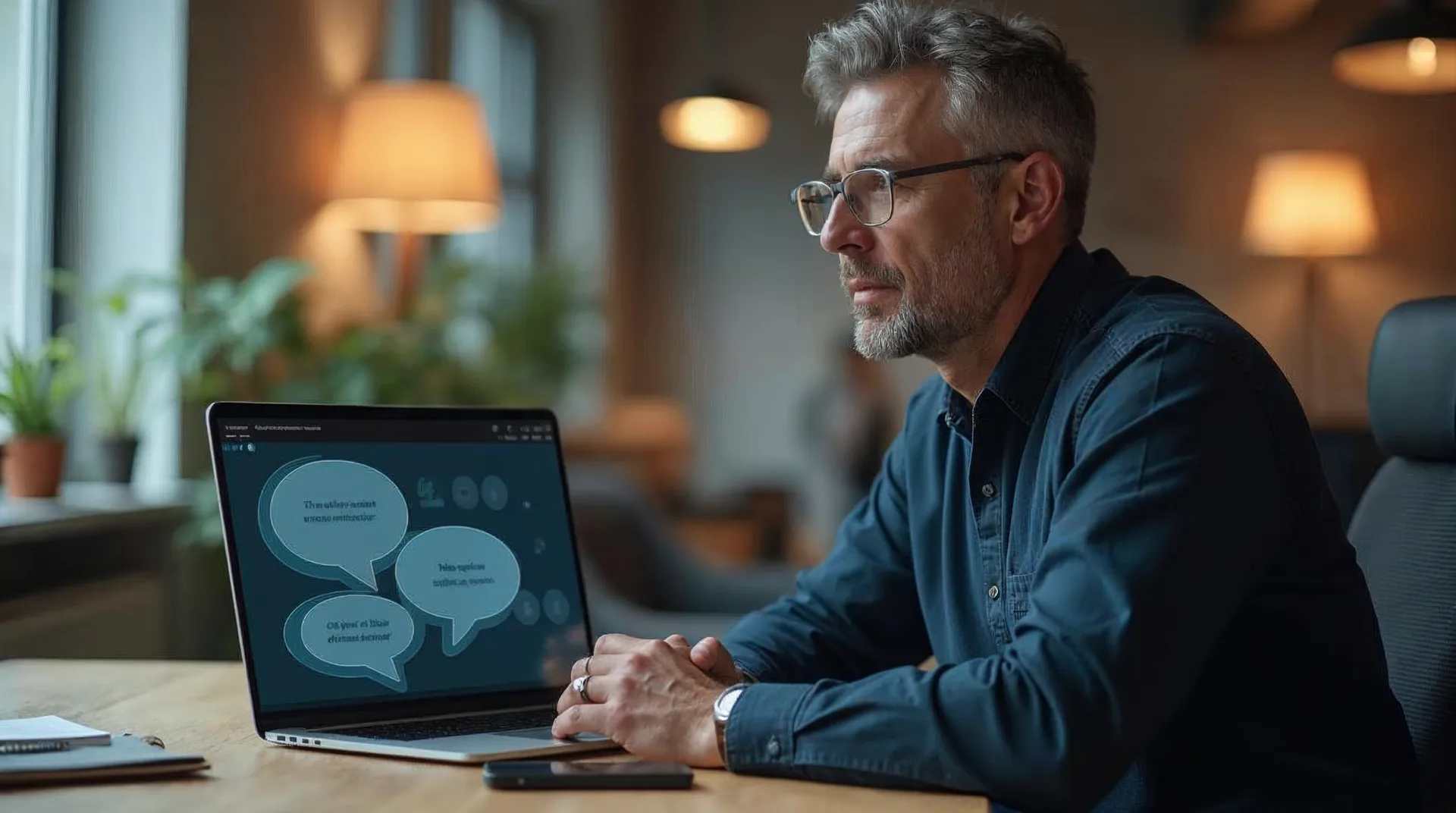 Unternehmer blickt am Schreibtisch auf einen Laptop mit einer ruhigen KI-Assistenten-Oberfläche als Symbol für Sichtbarkeit in der KI-Suche