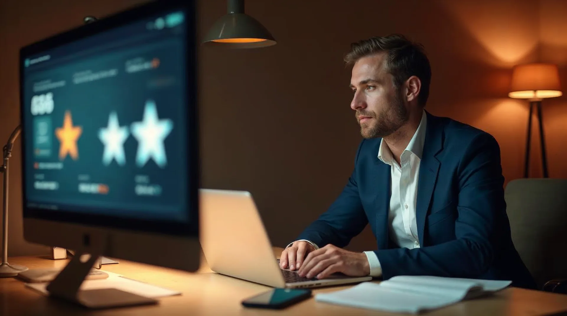 Unternehmer blickt an einem warmen Holzschreibtisch auf Laptop und einen zweiten Bildschirm mit abstrakten Sterne- und Bewertungsflächen als Sinnbild für Social Proof aus Bewertungen und Referenzen