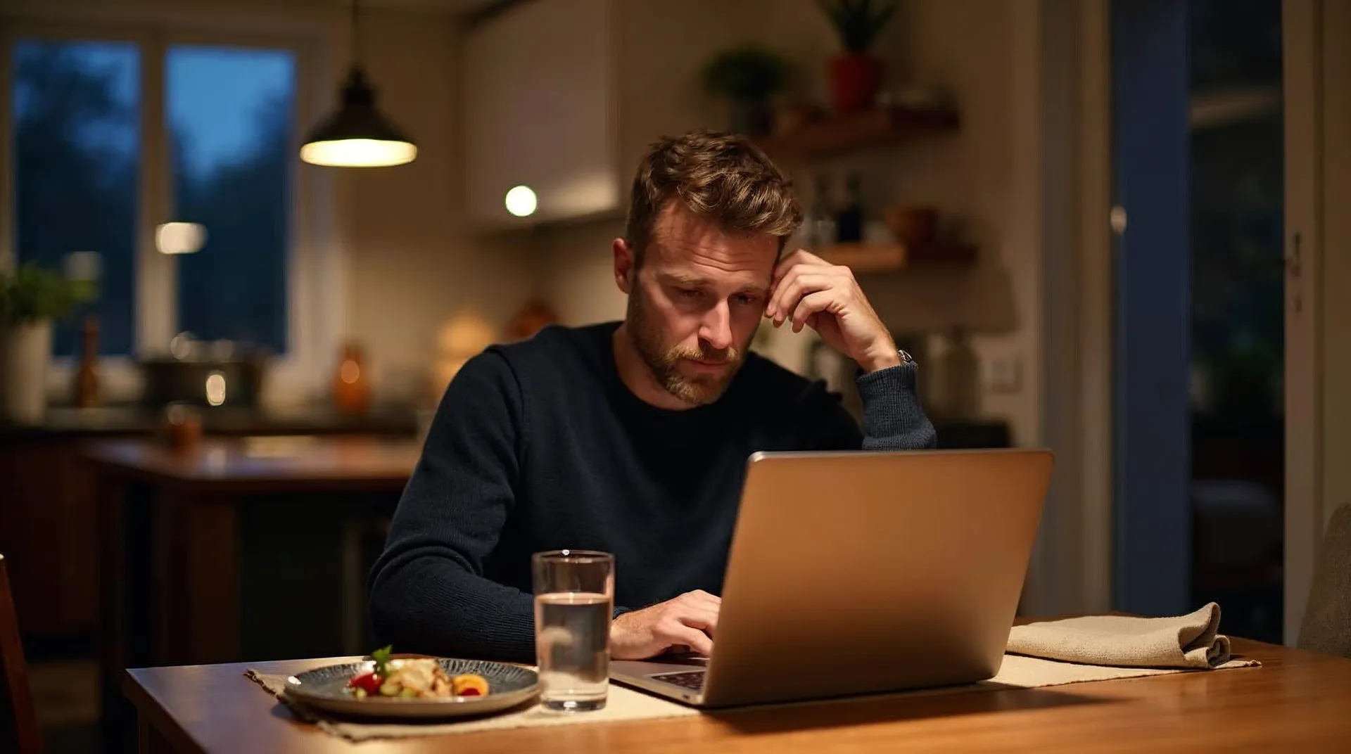 Unternehmer sitzt am Sonntagabend mit aufgeklapptem Laptop am Esstisch eines warm beleuchteten Hauses, im unscharfen Hintergrund die Küche mit Töpfen vom Abendessen