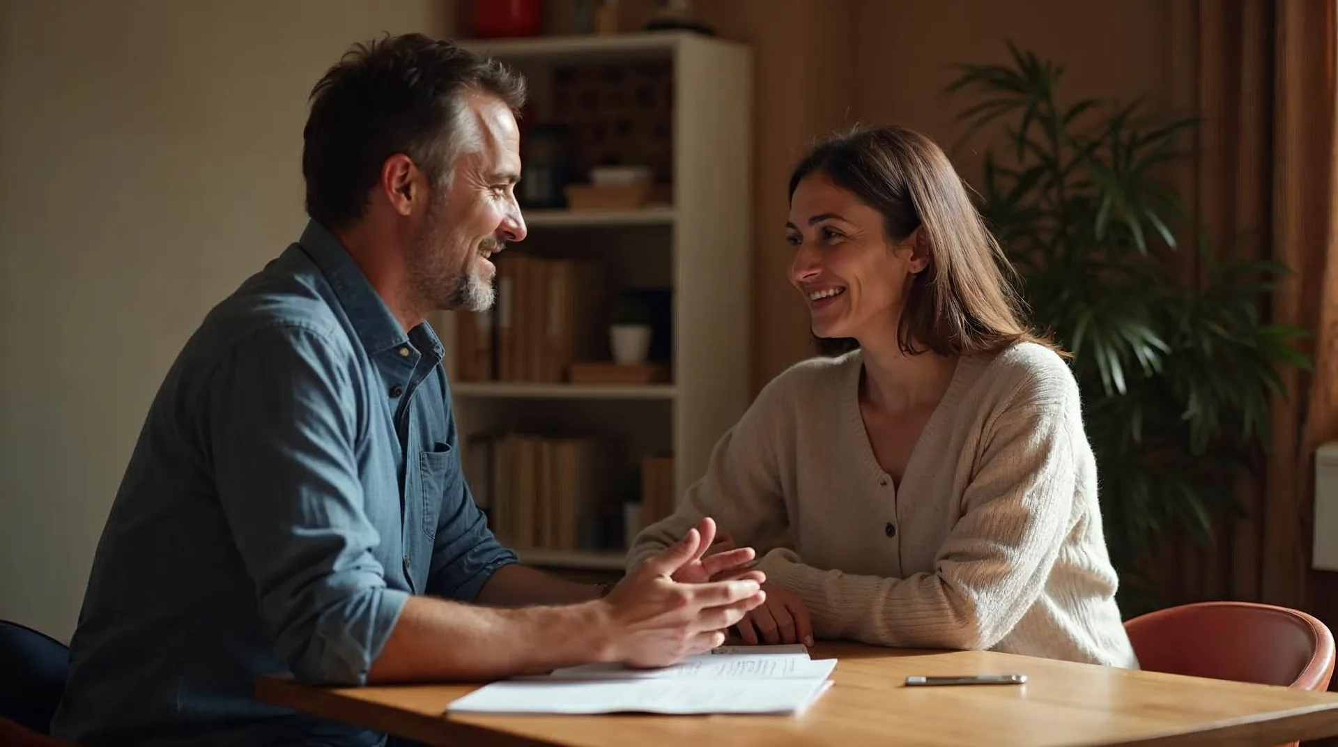Unternehmer erzählt an einem warmen Holztisch einem interessierten Gegenüber eine Geschichte – ein Moment echter, emotionaler Verbindung statt Werbebotschaft