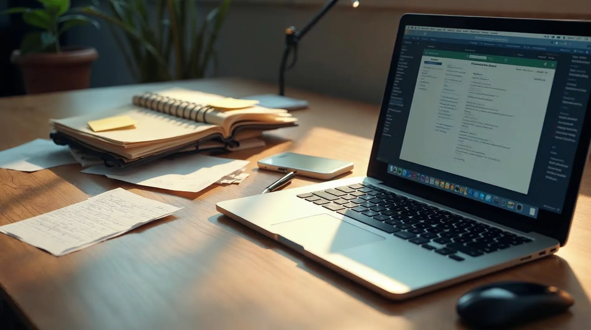 Auf einem Holzschreibtisch geht ein Stapel handschriftlicher Notizen und loser Dokumente links in eine aufgeräumte digitale Ordnerstruktur auf einem Laptop rechts über – Sinnbild für den Weg von unstrukturierten Informationen zu digitaler Struktur