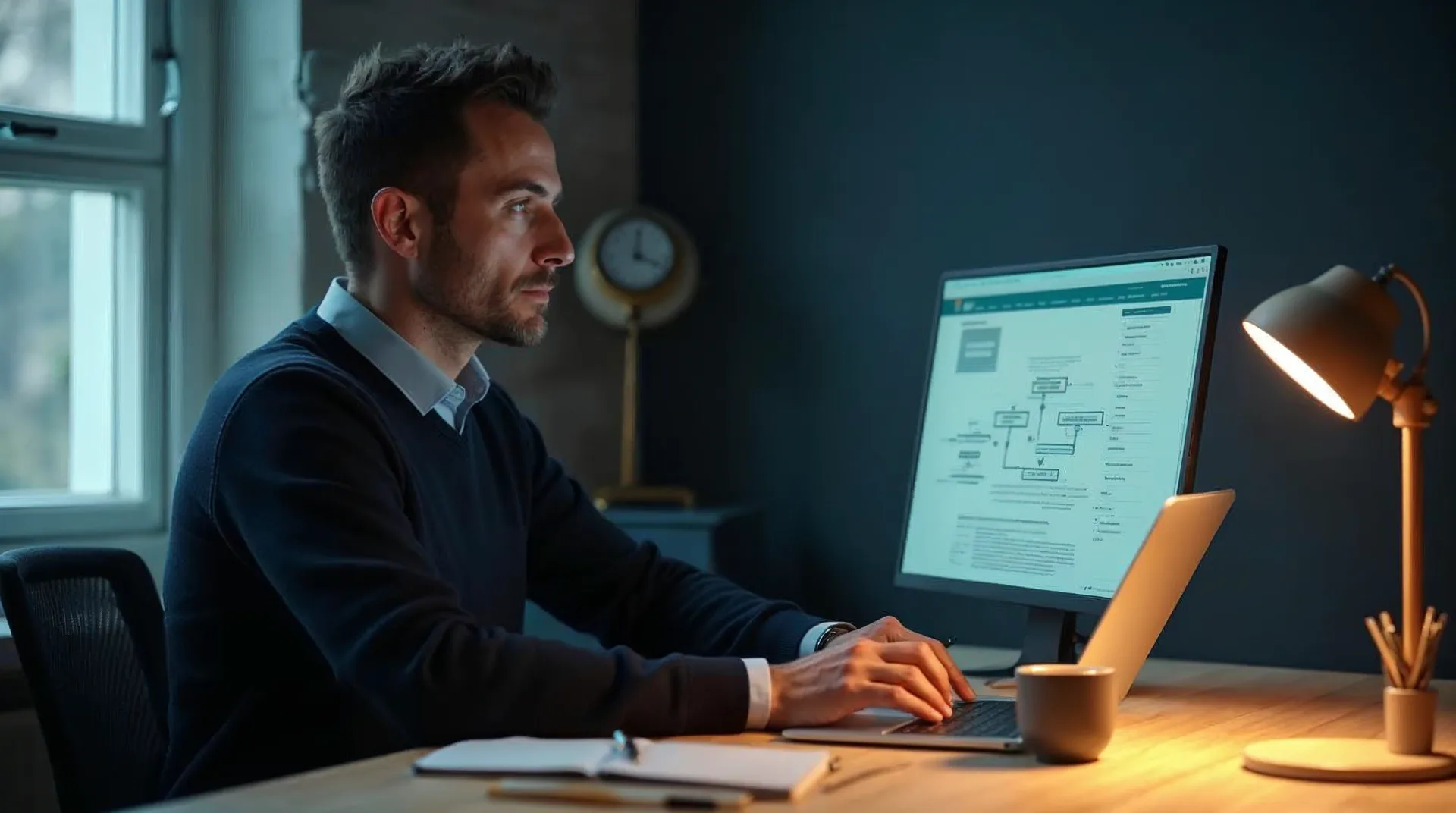 Nachdenklicher Unternehmer am aufgeräumten Schreibtisch blickt auf einen einzelnen, klar abgegrenzten KI-Workflow auf dem Laptop