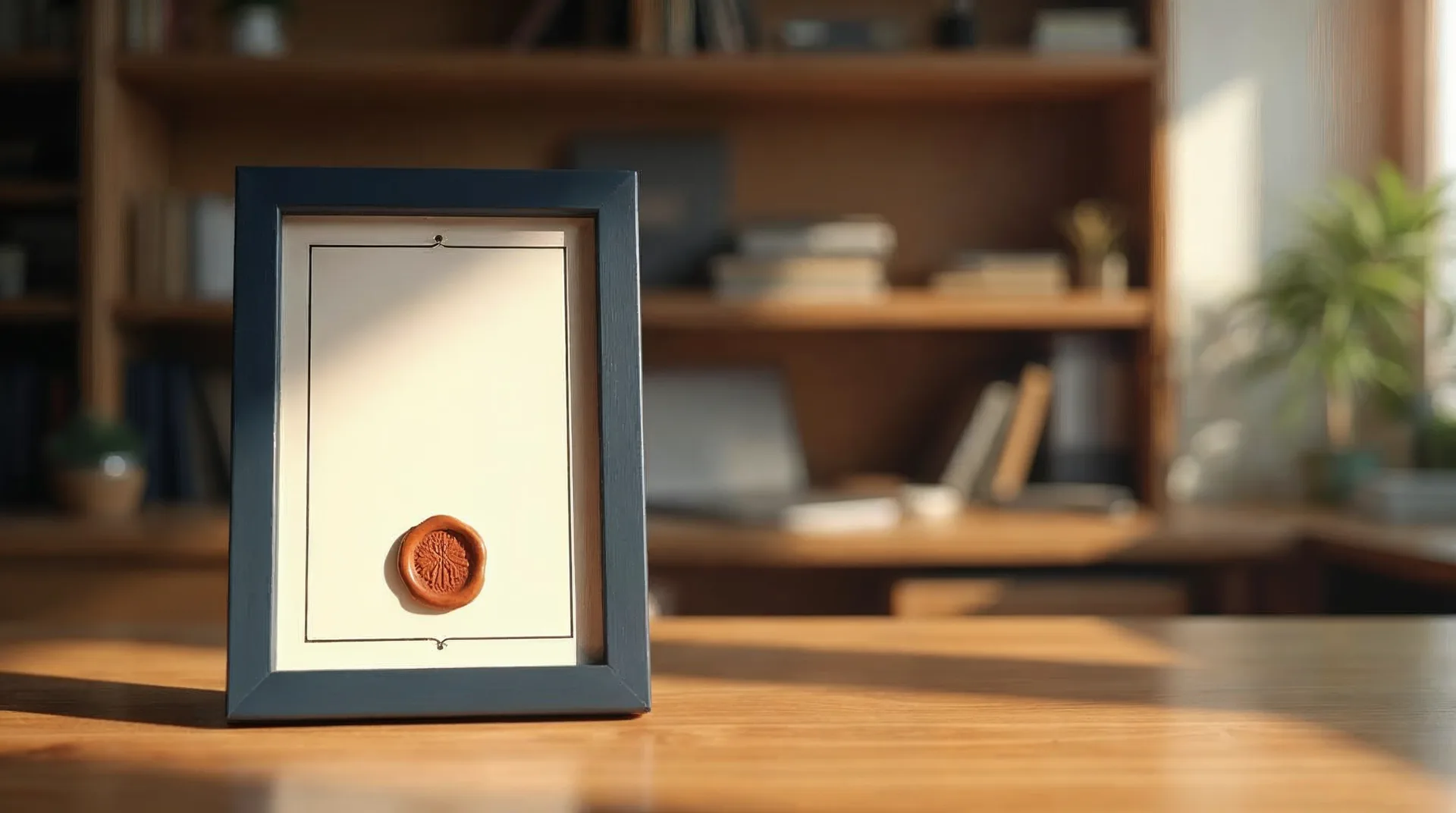 Ein gerahmtes Zertifikat mit geprägtem Siegel steht auf einem warmen Holzschreibtisch in einem hellen Büro – Sinnbild für geprüftes, nachweisbares Vertrauen