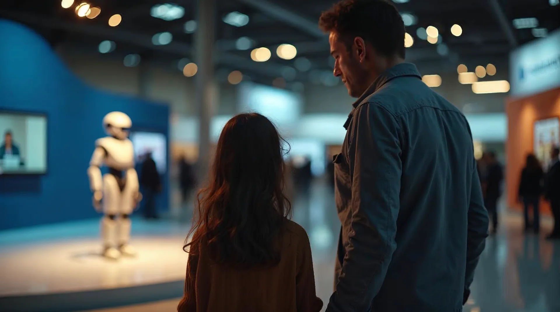 Vater und seine achtjährige Tochter stehen gemeinsam in einer Technikmesse und betrachten nachdenklich einen humanoiden Roboter im warmen Abendlicht