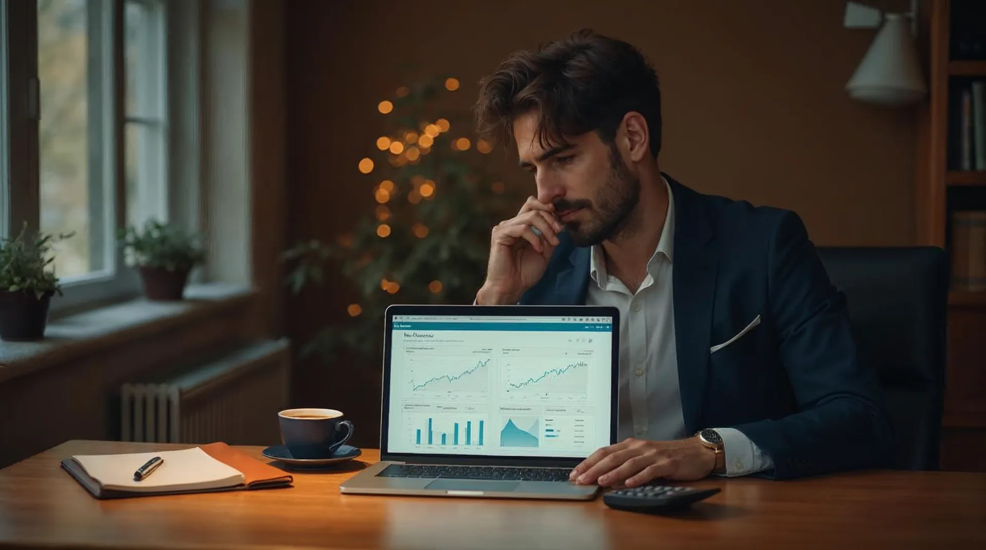 Unternehmer am warmen Schreibtisch wägt anhand von Notizen, Taschenrechner und einer ruhigen Kostenübersicht auf dem Laptop ab, was KI wirklich kostet