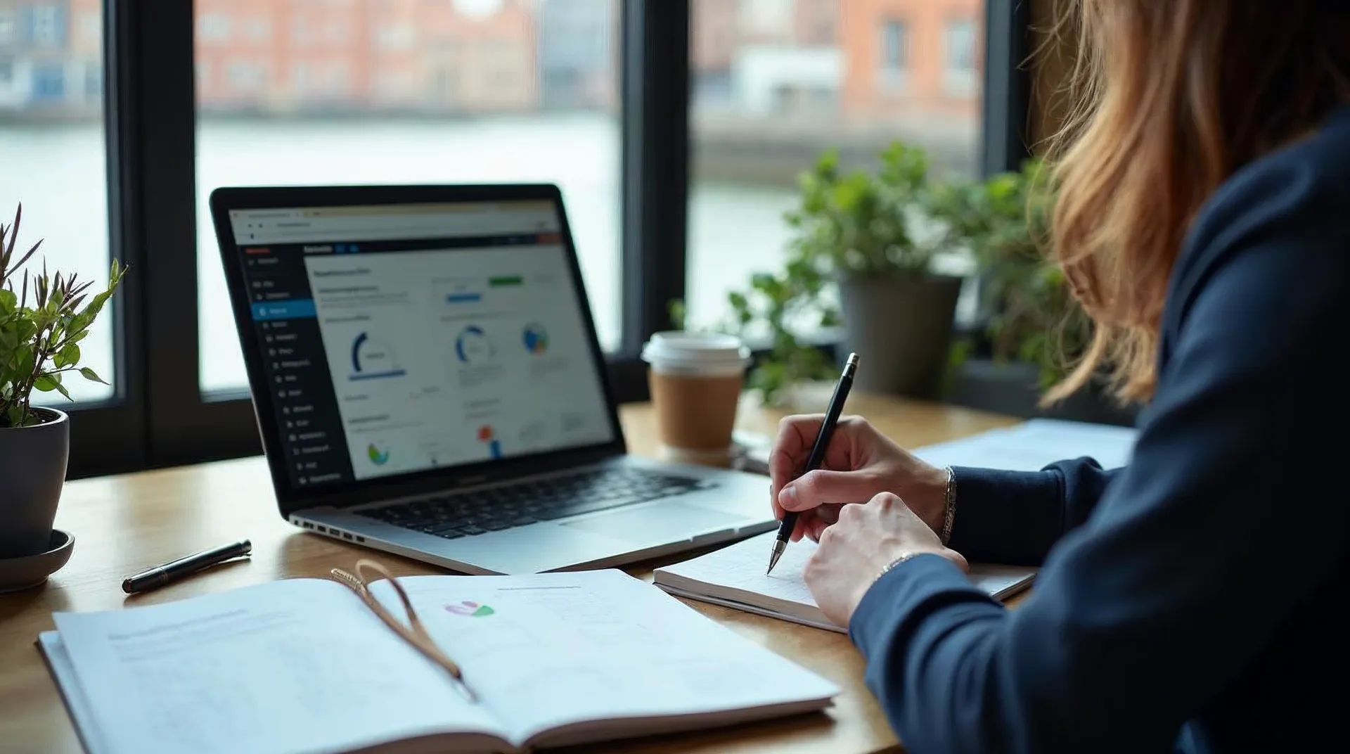 Arbeitsplatz eines Digitalstrategen mit Laptop, Notizbuch und Roadmap-Skizzen vor einem Fenster mit Blick auf die Hafenstadt Rostock