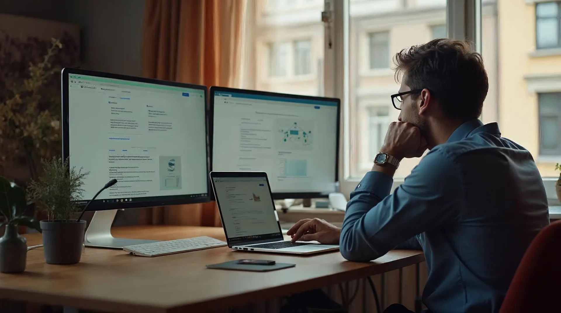 Nachdenklicher Unternehmer an einem warmen Schreibtisch vergleicht am Laptop eine ruhige KI-Antwort-Oberfläche mit einer klassischen Suchergebnisliste – Sinnbild für den Wandel im Marketing