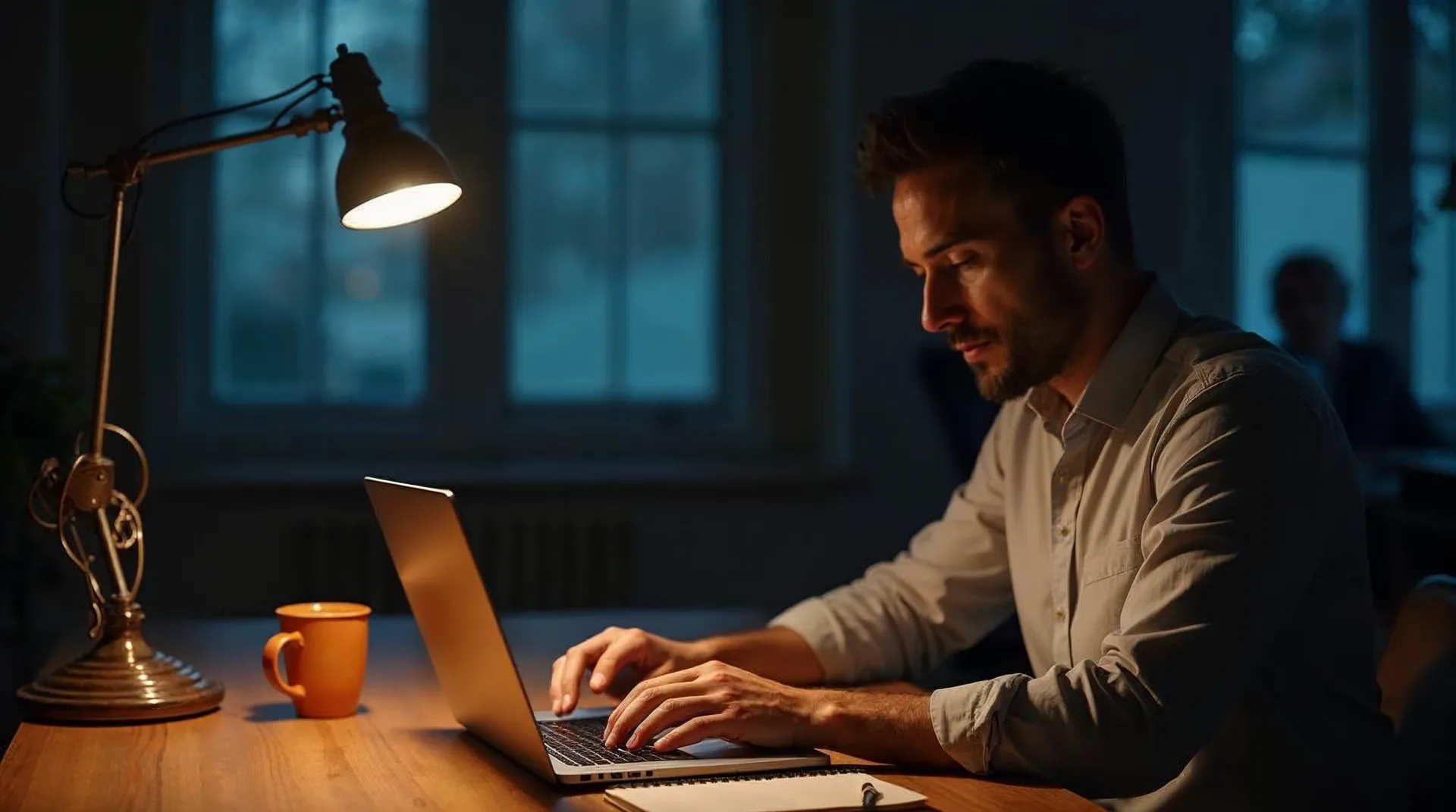 Fokussierter Unternehmer arbeitet abends an einem warmen Holzschreibtisch mit Laptop und handschriftlichen Notizen an einer Idee – Sinnbild für Beharrlichkeit und Dranbleiben