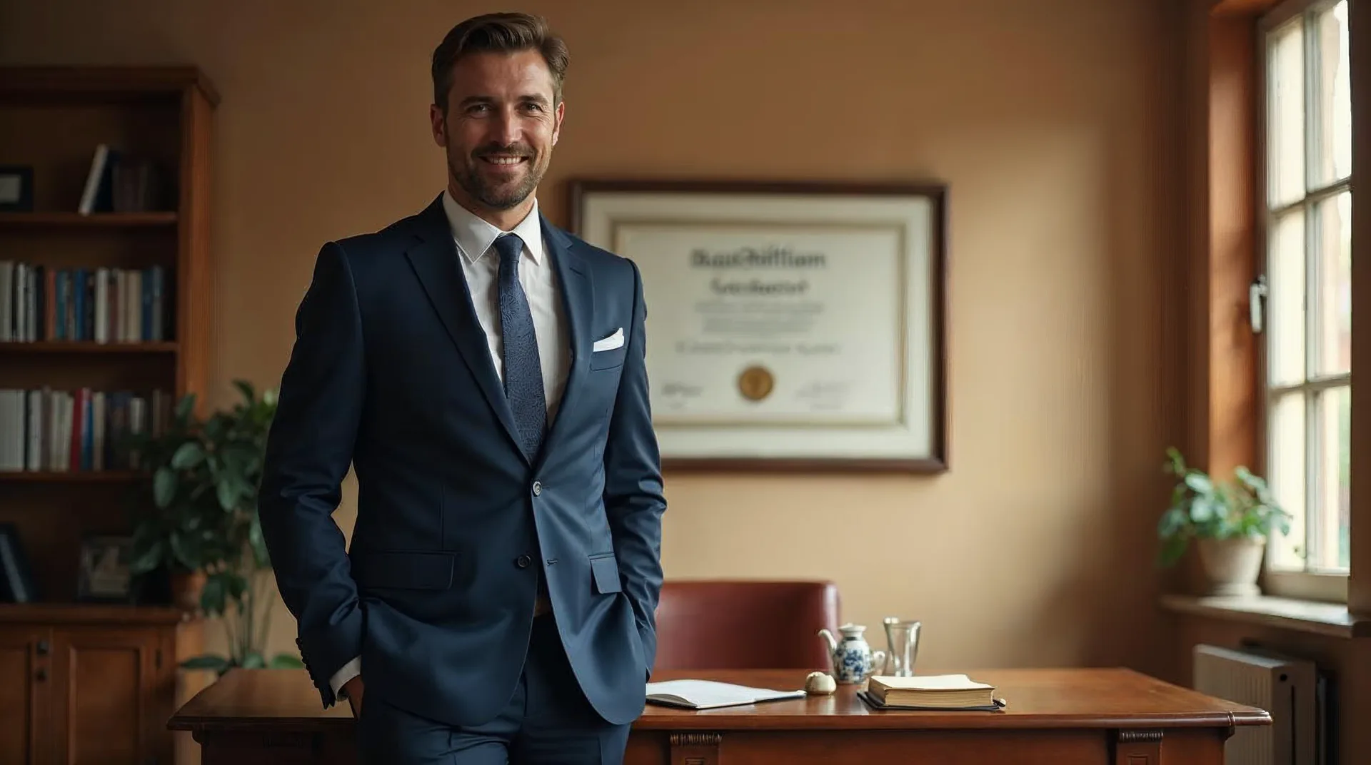 Zertifizierter KI-Manager steht in einem hellen, warmen Büro in Güstrow neben einem Holzschreibtisch, im Hintergrund ein gerahmtes Zertifikat mit geprägtem Siegel – Sinnbild für Vertrauen und geprüfte Kompetenz