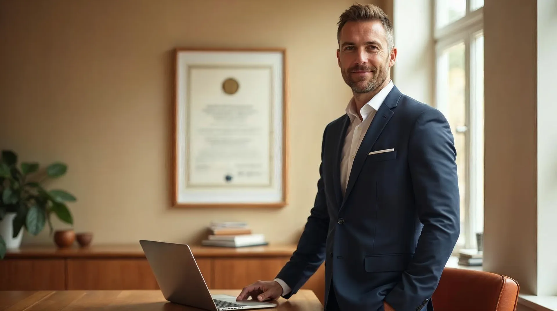 Zertifizierter KI-Manager steht in einem hellen, warmen Büro in Neubrandenburg neben einem Holzschreibtisch, im Hintergrund ein gerahmtes Zertifikat mit geprägtem Siegel – Sinnbild für Vertrauen und geprüfte Kompetenz
