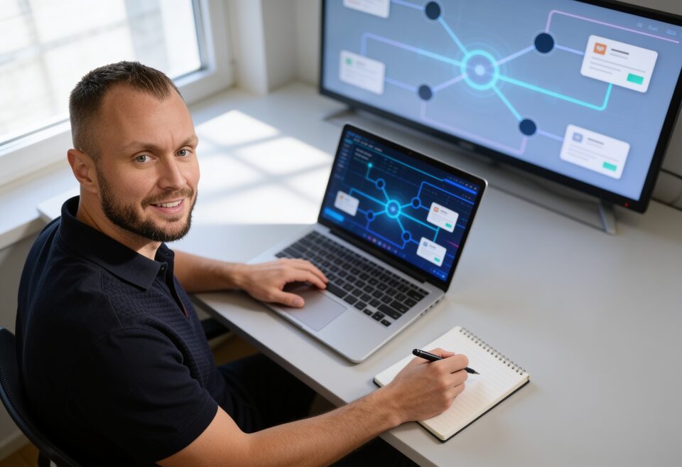 Michael Selck analysiert KI, Digitalisierung und Prozesslandkarten am Laptop
