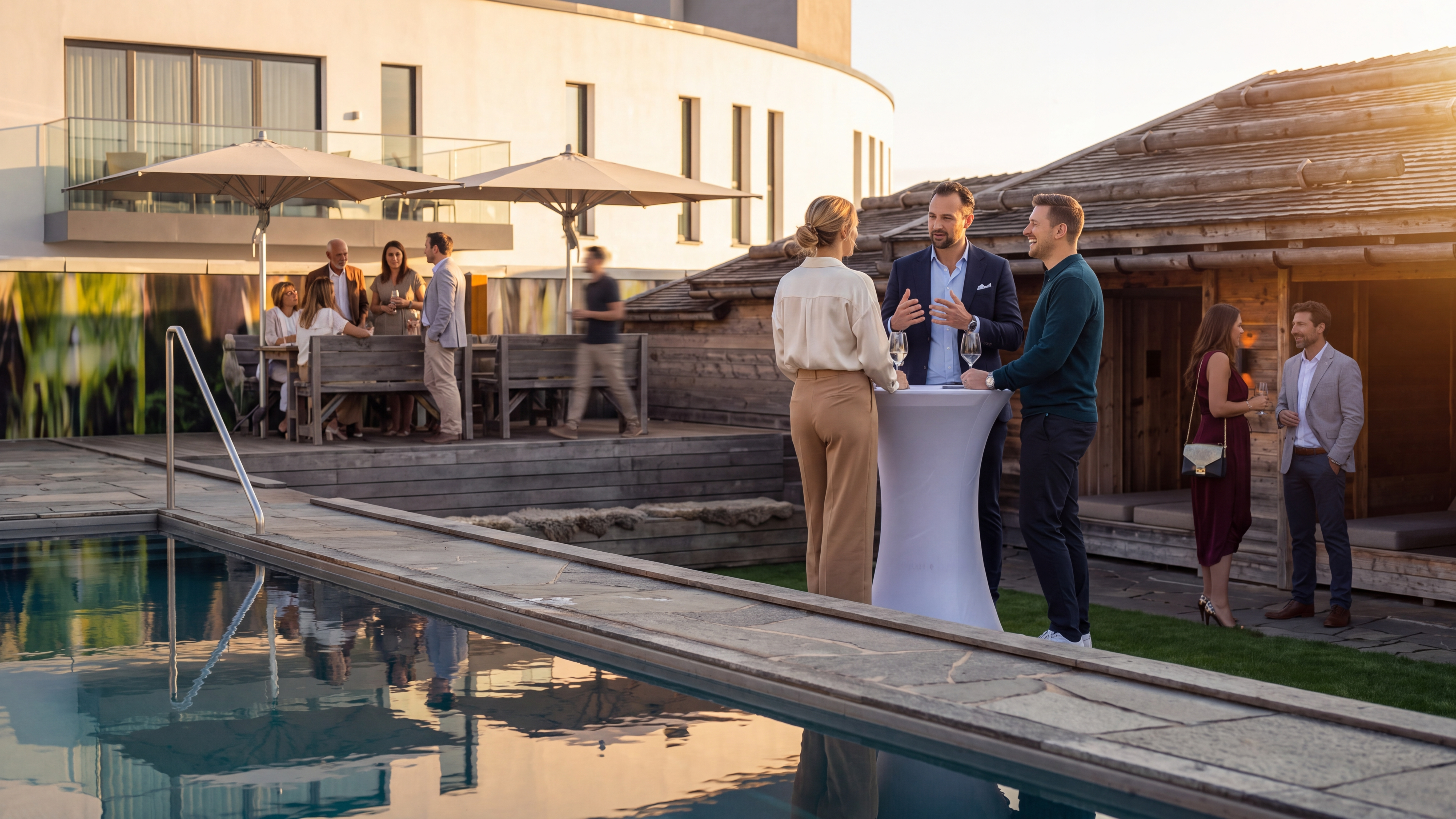 Abendlicher Empfang am Pool des Chalet O in Rostock im warmen Licht