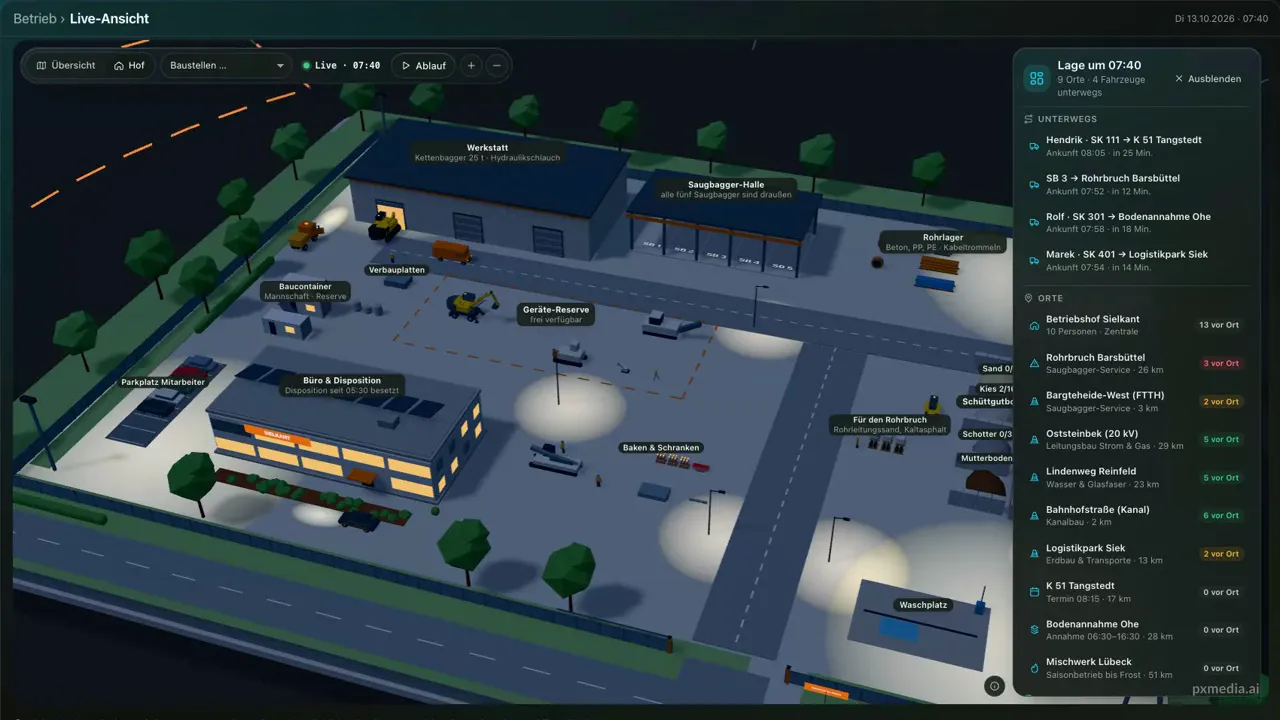 Bildschirmausschnitt der Live-Ansicht in 3D im pxmedia.ai OS: Betriebshof mit Hallen und Fahrzeugen, rechts die Lage mit Fahrzeugen unterwegs