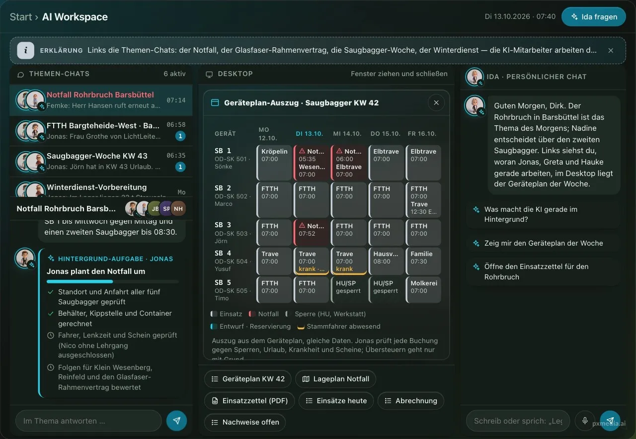 Bildschirmausschnitt des AI Workspace im pxmedia.ai OS mit Themen-Chats links, einem Geräteplan in der Mitte und der Assistentin rechts