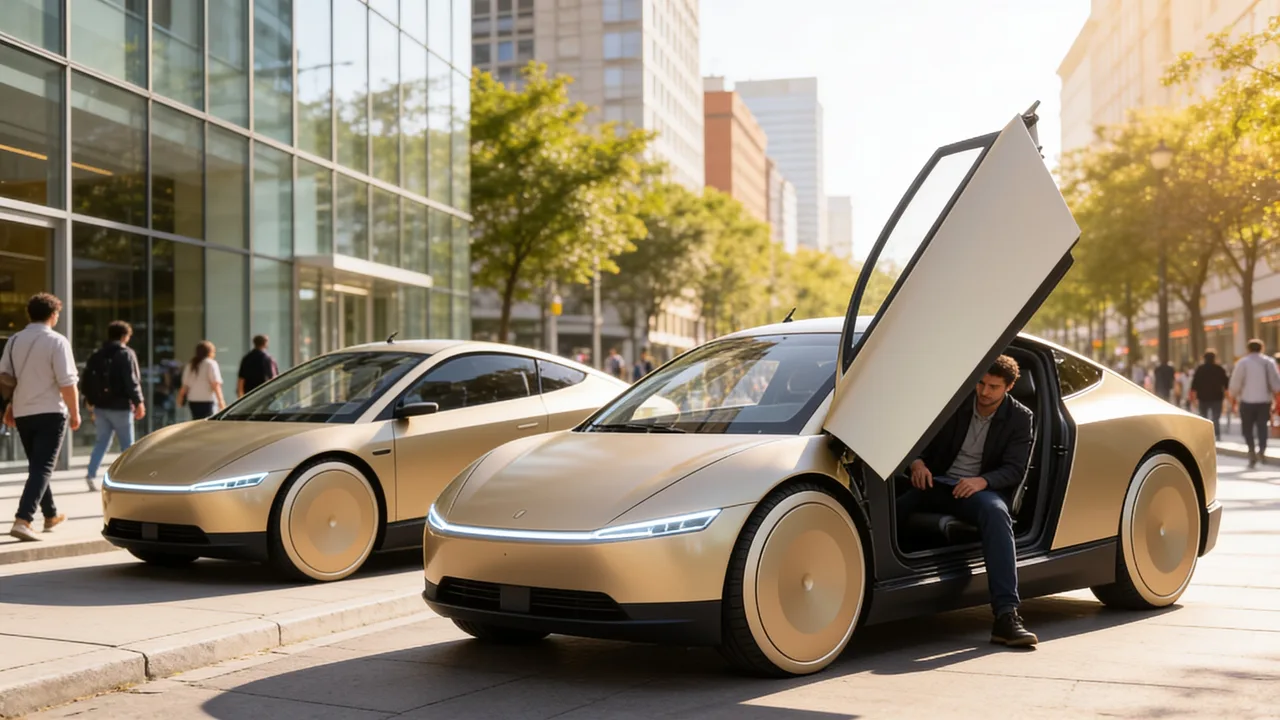 Kompaktes autonomes Elektroauto ohne sichtbares Lenkrad fährt in der Abenddämmerung durch eine ruhige Innenstadtstraße – Sinnbild für den Start fahrerloser Robotaxis