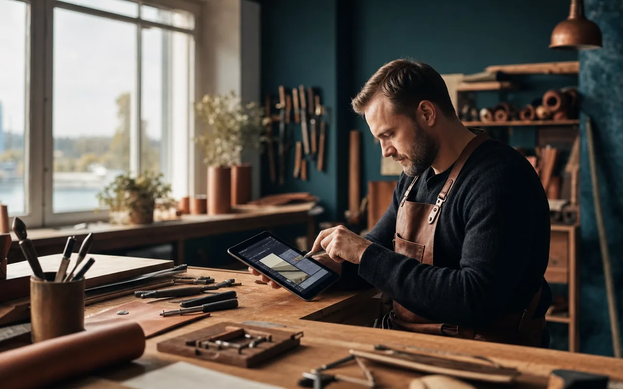 Handwerksmeister nutzt ein Tablet in einer Werkstatt als Beispiel für KI im Handwerk in Mecklenburg-Vorpommern