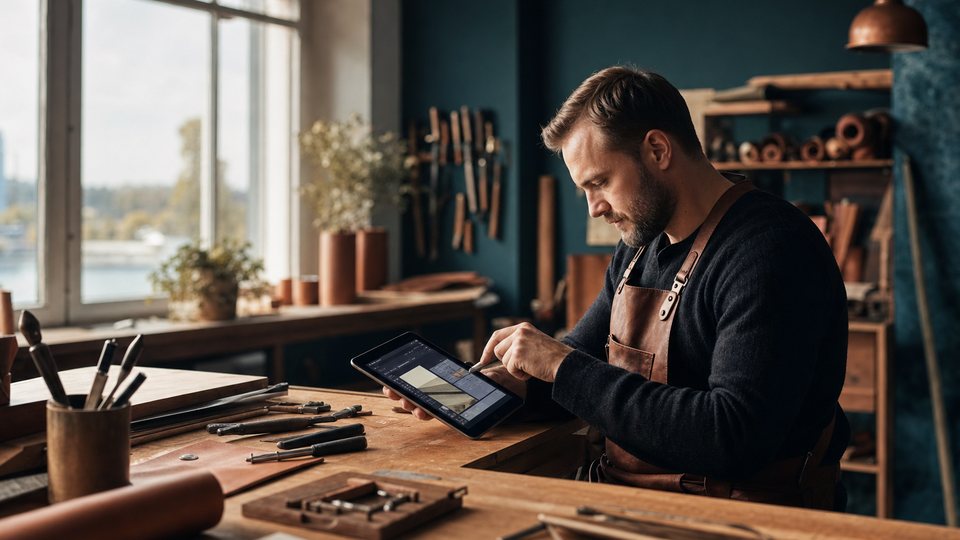 Handwerksmeister nutzt ein Tablet in einer Werkstatt als Beispiel für KI im Handwerk in Mecklenburg-Vorpommern