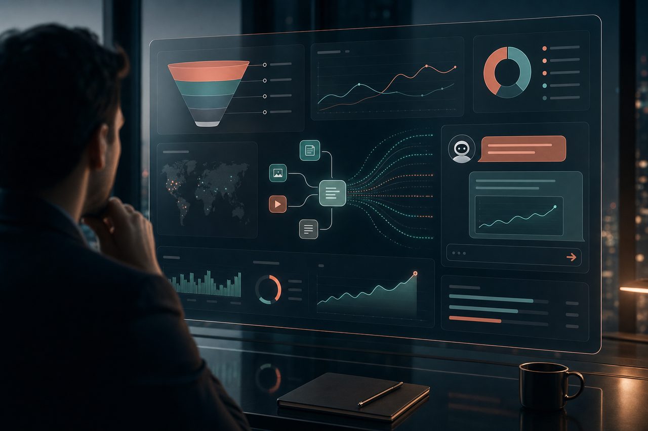 Unternehmer betrachtet ein digitales Dashboard mit Website-Auswertung, Conversion-Funnel und Diagrammen