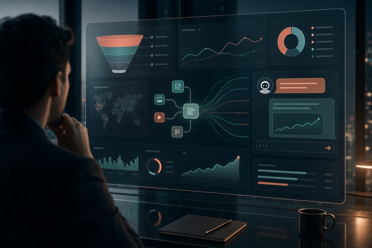 Unternehmer betrachtet ein digitales Dashboard mit Website-Auswertung, Conversion-Funnel und Diagrammen
