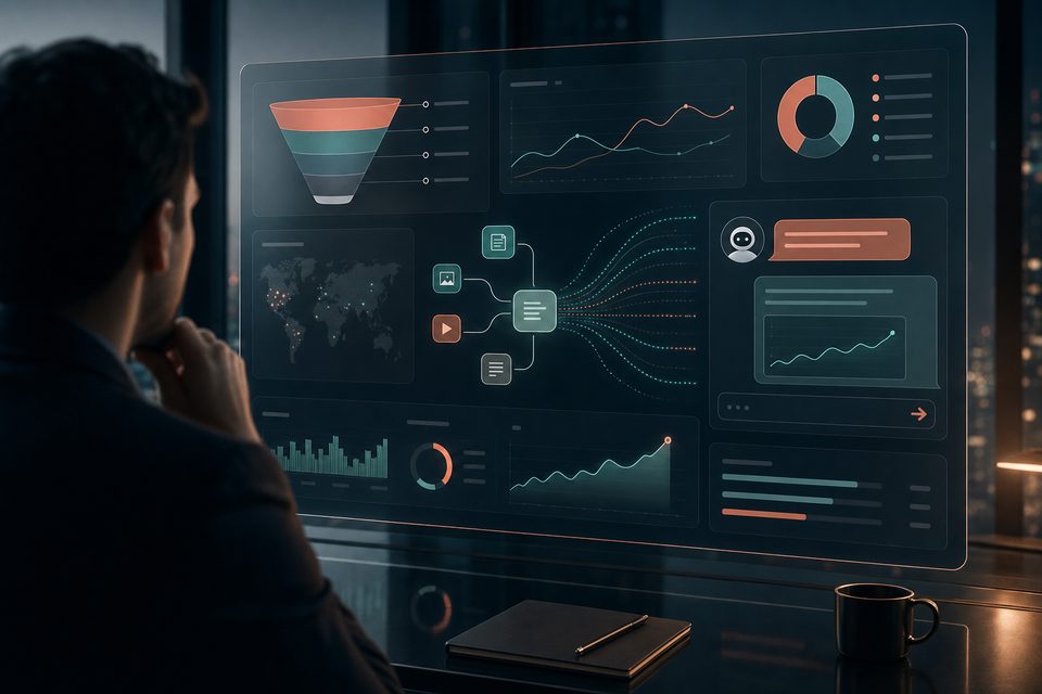 Unternehmer betrachtet ein digitales Dashboard mit Website-Auswertung, Conversion-Funnel und Diagrammen